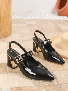 大码时尚尖头粗跟高跟鞋，性感休闲派对工作正装鞋，露跟细高跟鞋，春夏红色高跟鞋