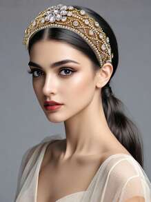 1 Piece Of Women Shiny Khaki Retro Palace Style Velvet Sponge Headband Elegant Gorgeous Personalized Rhinestone Flower Design Hair Accessories For Brides Wedding Bridesmaids Gifts Daily Styling Accessories,Hairband,Hair Hoop