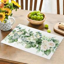 Juego de 4 manteles individuales rectangulares con estampado floral de rosas blancas y hojas, lavables, para decoración de mesa de fiesta, hogar, cocina, restaurante