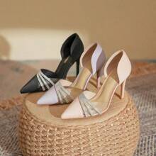 Side Empty Rhinestone Sandals Women's All-Match Full-Grain Sheepskin High Heels Women's Stiletto Heel High-Grade Women's Shoes Genuine Leather - 黑色 - 查看 6