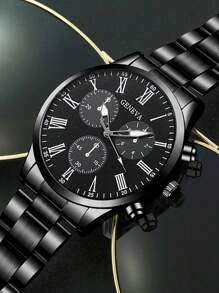 Conjunto de 4 piezas de reloj de cuarzo de moda para hombre - Estilo de negocios con colgante de flecha, pulsera, anillo, reloj de acero inoxidable con pantalla analógica precisa, cómodo, adecuado para uso casual y deportivo - Regalo ideal para él