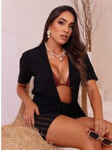 Conjunto Saída De Praia Tricot Banho Moda Feminina - Preto - Visão 3