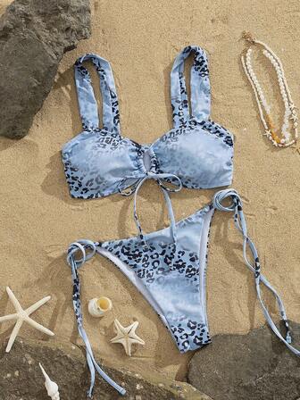 Conjunto de traje de baño de 2 piezas con estampado tie-dye y leopardo, estilo sexy y minimalista europeo y americano, ropa de playa casual para viajes, fiestas, playa, apropiado para el verano