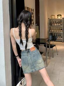 Sexy Denim Skirt, Pocket Design A-Line Mini Skirt, With Lining - Blue - View 5