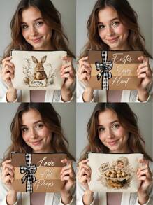 1pc Easter Bunny, Egg & Bow Letter Linen Print Cosmetic Bag, Adorable Travel Makeup Pouch & Multipurpose Coin Purse, Lightweight Gift Essential For Women