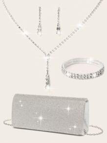 Women's Diamond Jewelry Set: Sparkling Necklace, Earrings, Bracelet Set. Women's Sparkling Diamond Envelope Clutch Handbag For Weddings, Parties, Cocktail Events And Evening Dresses. - Silver - View 13