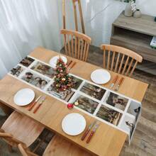 1pc Customized Table Runner With Photo Collage And Text/Logo, Suitable For Home, Resort, Holiday, Wedding, Ceremony, Christmas Decor
