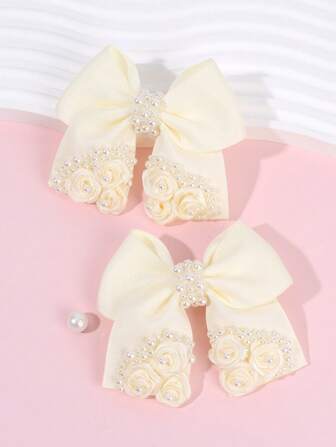 2 STK Modesläpande ros dekorerad rosett flicka hårspänne, pärldekorerad enfärgad hårnål är det perfekta valet för att ge barn födelsedagspresenter