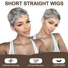 Elegant Short Pixie Cut Bob Wig With Bangs - Gray Layered Human Hair, Straight Style, Perfect For Parties & Cosplay, Machine Made,Hair Wig