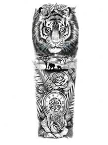 1 Sheet Full Arm Black Rose Flower Tiger Forest Temporary Tattoos Sleeve For Women Adults Legs Thigh Shoulder, Realistic Waterproof Long Lasting Fake Sleeve Tattoos For Men Sticke