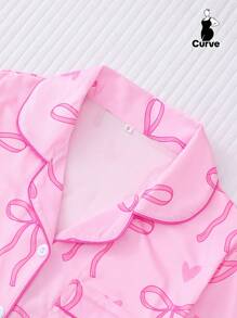 2pcs Plus Size Women Pajama Set, Bow Print Short Sleeve Shirt Collar Button Up Top And Loose Elastic Shorts, Suitable For Overweight, Holiday Party Sleepwear, Casual Home & Outdoor Comfortable Women Loungewear