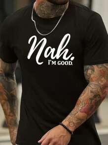 Men's "Nah... I'm Good" Graphic T-Shirt - Black Cotton, Short Sleeve, Round Neck, Casual Style, Machine Washable, Ideal For Spring & Summer - màu đen - Xem 1