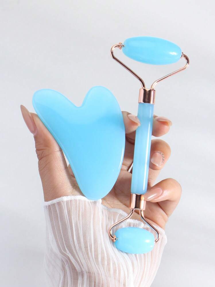 1 pièce/2 pièces Set de massage du visage, rouleau double, grattoir triangulaire, ensemble d'outils de massage du corps, bleu clair, beauté, produits de soins de la peau, spa, soins personnels, outils de soins de la peau, soins du visage, fournitures d'esthéticienne, massage, outil de massage du visage, rouleau pour le visage