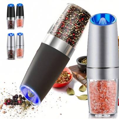 1/2 st elektrisk salt- och pepparkvarn med gravitationssensor, automatisk pepparkvarn, enhandsmanövrering, batteridriven, justerbar grovlek, blå LED-ljus, gravitationsaktiverad elektrisk salt- och pepparkvarn, singel- eller dubbelpack med gravitationssensor