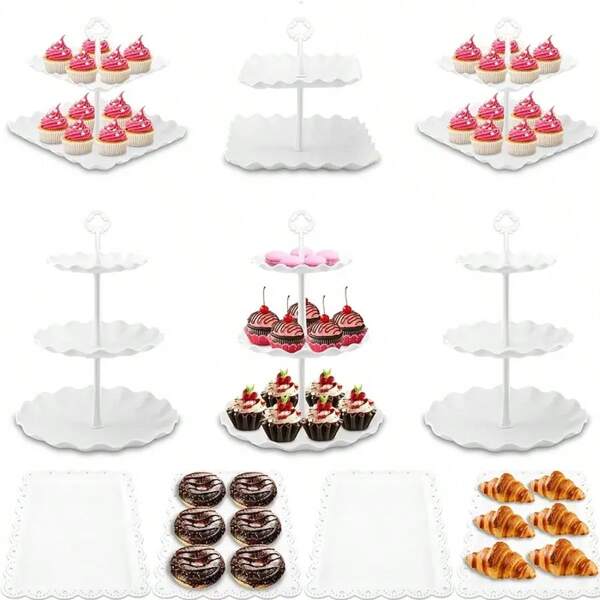 10 Pcs Cake Stand White Plastic Dessert Table Stand Set 4 Pcs 3 Tired Cupcake Display Stands Cookie Tray Rack Serving Tray Cake Display Tower And 6 Pcs Dessert Trays For Wedding Baby Shower Tea Party