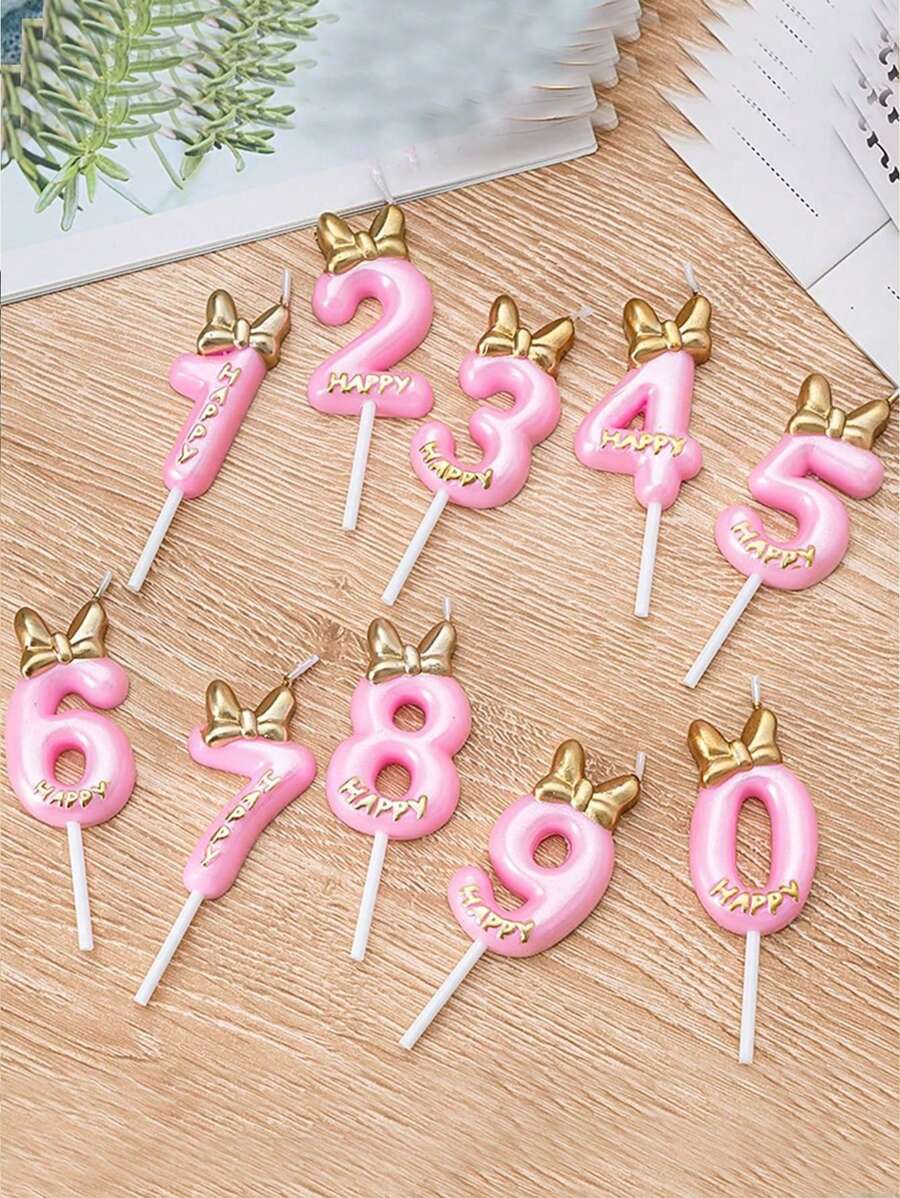 粉色蝴蝶结形状0-9数字生日派对蛋糕装饰蜡烛 - 粉色 - 查看 1