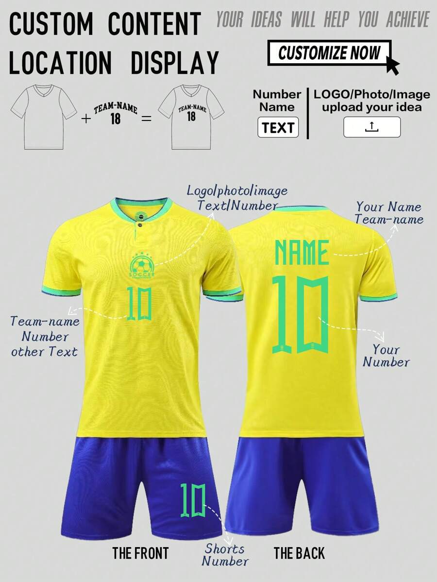 2pcs/Set Personalized Men's Soccer Jersey - Customizable Team Name, Number And Logo Print Short Sleeve T-Shirt + Shorts Sports Suit, Spring/Summer - Yellow - View 1