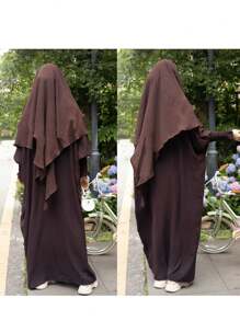 1 Set Muslim Women's 2 Pcs Abaya With Double Layers Headscarf Hjiab Women's Solid Color Elegant Long Sleeved Soft Set Suitable,Modest - Multicolor - View 13