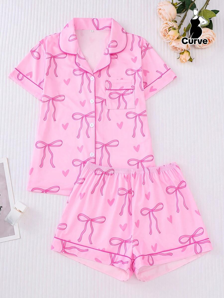 2pcs Plus Size Women Pajama Set, Bow Print Short Sleeve Shirt Collar Button Up Top And Loose Elastic Shorts, Suitable For Overweight, Holiday Party Sleepwear, Casual Home & Outdoor Comfortable Women Loungewear