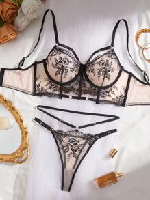 Conjunto de lencería sexy para mujer, sujetador de malla negra con bordado floral transparente, ropa interior para el Día de San Valentín, ropa de fiesta