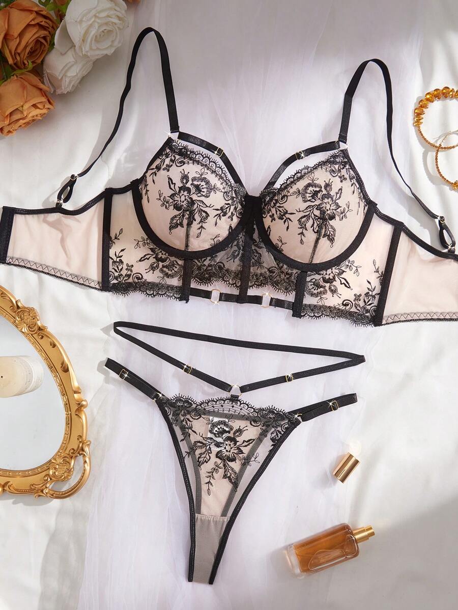 Conjunto de lencería sexy para mujer, sujetador de malla negra con bordado floral transparente, ropa interior para el Día de San Valentín, ropa de fiesta