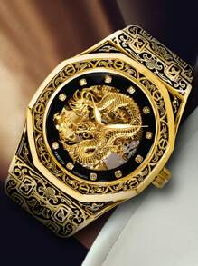 1 pieza Reloj de pulsera automático mecánico elegante y apuesto para hombres jóvenes con caja de acero con diseño estereoscópico de dragón grabado