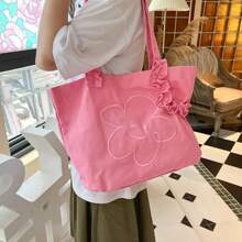Lace Shoulder Bag, Lace Canvas Shopping Bag, Women's Smiling Face Ruffled Lace Canvas Bag, Floral Embroidery Tote Bag - 彩色 - 查看 6