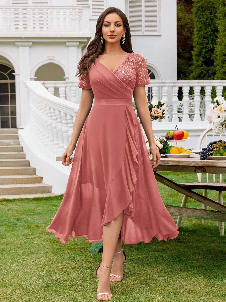 MIUSOL V-Neck Sequin Lace Contrast Chiffon Ruffle Trim Hem Elegant Evening Party Swing Dress - 藕粉色 - 查看 1