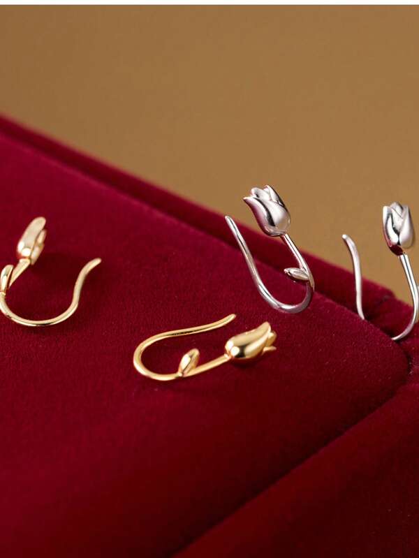 1 par de pendientes colgantes de plata de ley 925 con diseño retro de flor de tulipán para mujeres