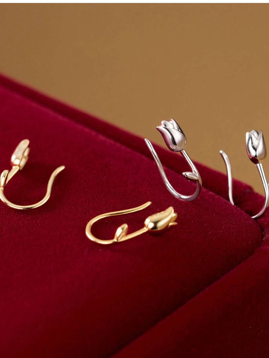 1 对 S925 纯银复古郁金香花朵吊坠耳环女士