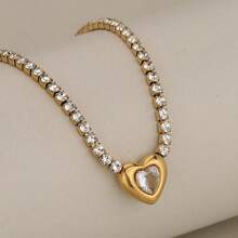 1 pieza Collar con colgante de corazón de acero inoxidable con circonita para mujeres, cadena clásica simple, colgante de ágata roja en forma de corazón, collar de clavícula elegante, joyería de celebridad de internet