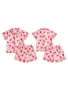Kids Girls Boys Pajamas Set Dinosaur/Rugby/Strawberry Print Short Sleeve Shirts Tops Shorts 2 Pieces Lounge Suit Sleepwear - 粉色 - 查看 2