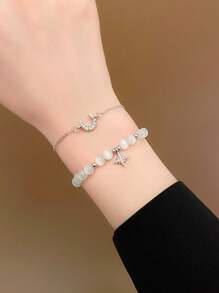 2pcs Set Simple Elegant Cat Eye Gem Moon & Star Pattern Casual Bracelet Set, Suitable For Women Daily & Festival Wear