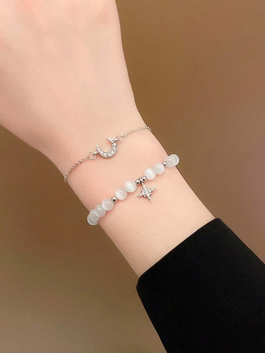 2pcs Set Simple Elegant Cat Eye Gem Moon & Star Pattern Casual Bracelet Set, Suitable For Women Daily & Festival Wear