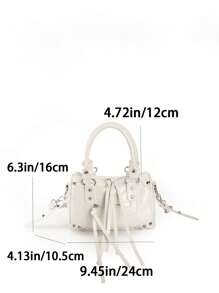 1 chiếc túi xách nữ màu be phối nhiều mảnh, đính đinh tán, tua rua, khóa kéo, chất liệu PU cổ điển, thắt lưng trang trí, quai xách đôi đính đinh tán, dây đeo vai điều chỉnh được, khóa kéo. Túi xách thời trang retro ngọt ngào, sang trọng kiểu punk Y2K dành cho nữ, túi đeo chéo phong cách giản dị nhưng sang trọng, đựng được điện thoại, thẻ, v.v., thích hợp cho đi du lịch và mua sắm hàng ngày. - Màu be - Xem 7
