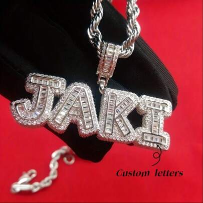 Customized Ice Cube Letter Pendant, Brass Cubic Zirconia, DIY Personalized Hip Hop Necklace For Couples, Includes 1 Twisted Chain,Silver,Stylish,Colorful,Vintage,Unisex,Hipster,Simple,Casual,Custom,Personalized,Unique,Ideal Gifts For Him,Ideal Gifts For Her,Her,Boyfriend,Girlfriend,Dad,Mom,Family,Friends,For Anniversaries,For Birthdays,For Graduation,For Prom,For Party,Jewelry Women