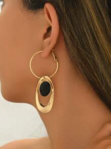 1 对优雅夸张椭圆形环形耳环，镶嵌黑色树脂，独特女士耳环
