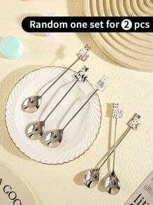 2pcs Random Color Cute Cat-Shaped Coffee Spoon And Dessert Spoon Set School Supplies Back To School