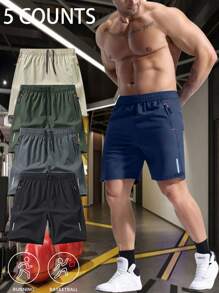 5pcs Men's Summer Casual Loose Fit Cropped Pants, Fitness, Running, Sports, Breathable Ice Silk Quick Drying Shorts - Multicolor - View 1