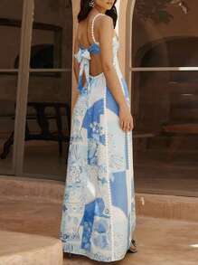 Summer Maxi Dresses For Women SleevelessBeach Dress Casual Vintage Floral Print Tie Back A-Line Flawy Dress Vacation Beach Streetwear Outfit - 藍色 - 查看 2