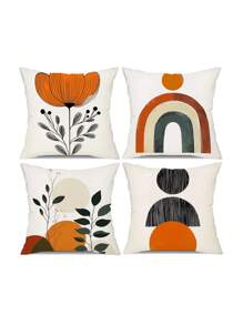 4 件装波西米亚现代几何与植物印花装饰抱枕套，18x18 英寸，柔软涤纶，可机洗，拉链开合，装饰垫套适用于家庭、办公室和派对装饰，适合各种房间类型 - 100% 涤纶 - 彩色 - 查看 4