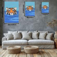 Image d'un tigre nageant dans l'eau bleue. Grande peinture murale encadrée en bois, décoration d'intérieur, peinture à l'huile - Chambre, salle de bain, salon, bureau, cuisine, cadeaux de Noël - 1 pièce
