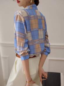 YUXIN Vintage Checkered Shirt For Women, Long Sleeve, Designed, High-End Blouse, Spring/Summer/Autumn - Blue - View 10