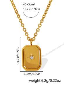 Tkool 1pc Women Necklace, Layered Retro Style, Stainless Steel Rectangular Star Cubic Zirconia Pendant Necklace, Daily Accessory Gift (No Gift Box) - Gold - View 3