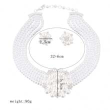 3pcs Set Elegant Rhinestone Flower & Pearl Necklace And Earrings Jewelry Set - White - View 4