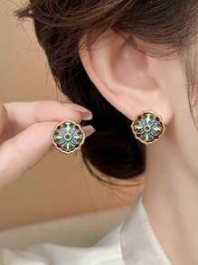 1 对奢华复古风格彩色花卉优雅耳钉女士