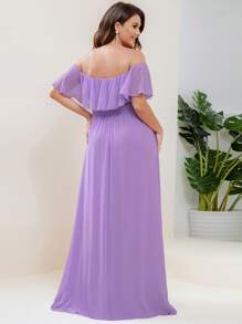 EVERPRETTY Plus Size Women's Solid Color Ruffle Off Shoulder Elegant Bridesmaid Dress - Mauve Purple - View 2