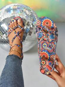 女式平底编织带凉鞋，波西米亚风性感凉鞋，百搭休闲户外轻便凉鞋 - 藍色 - 查看 1