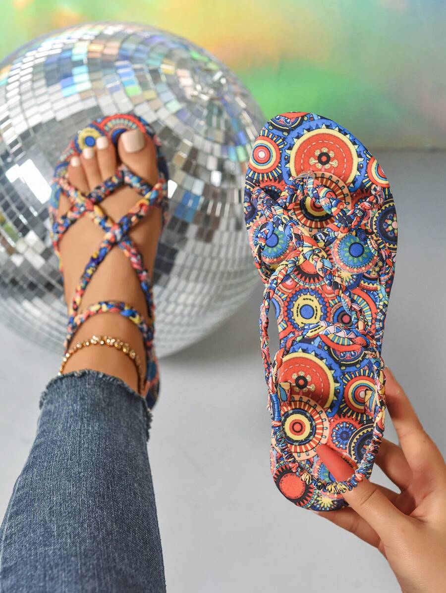 女式平底编织带凉鞋，波西米亚风性感凉鞋，百搭休闲户外轻便凉鞋 - 藍色 - 查看 1