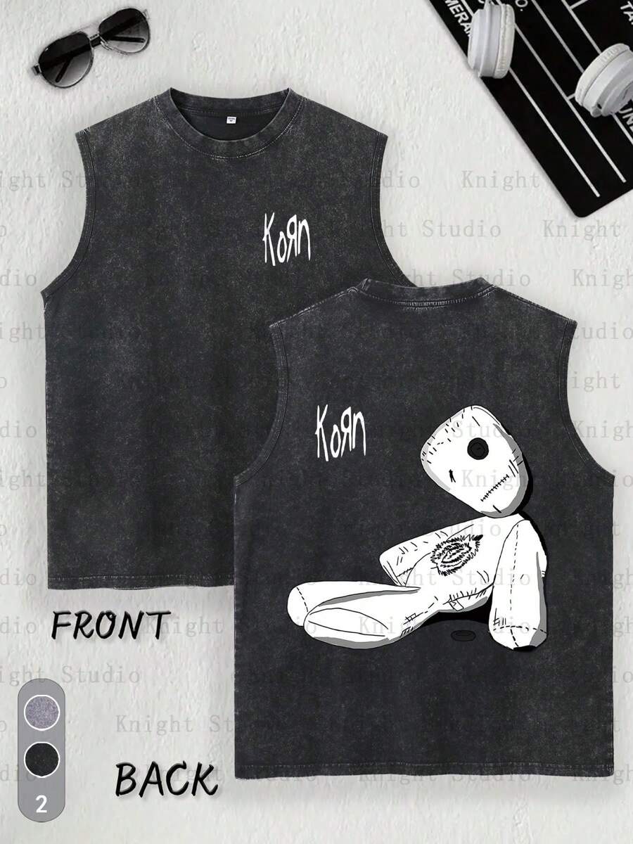 Double Sided 'Korn' ISSUES' Printed T-Shirt, 230g Men's Sleeveless Vest T-Shirt Retro Washed And Worn T-Shirt - Suitable For Daily Wear, Gift - 黑色 - 查看 1